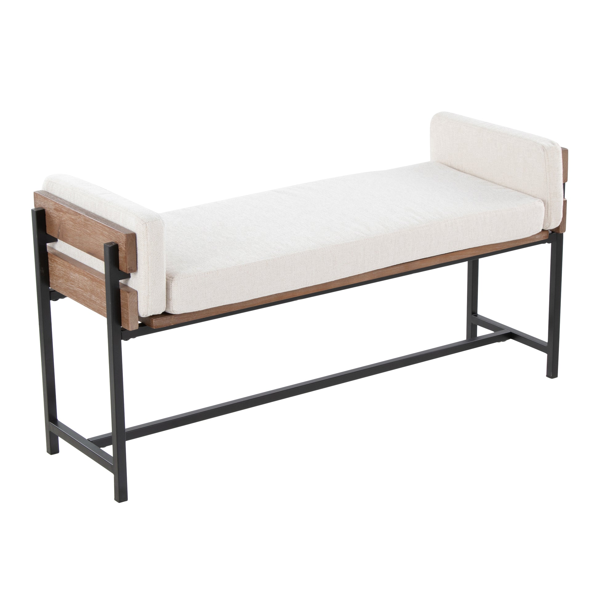 18" Bench with Black Metal, Brown Wood and Cream Fabric