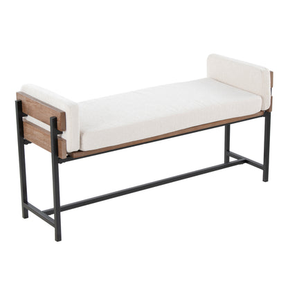 18" Bench with Black Metal, Brown Wood and Cream Fabric