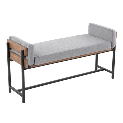 18" Bench with Black Metal, Brown Wood and Light Grey Fabric