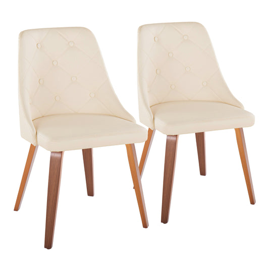 Contemporary Accent/Dining Chair in Walnut Wood and Cream Faux Leather  - Set of 2