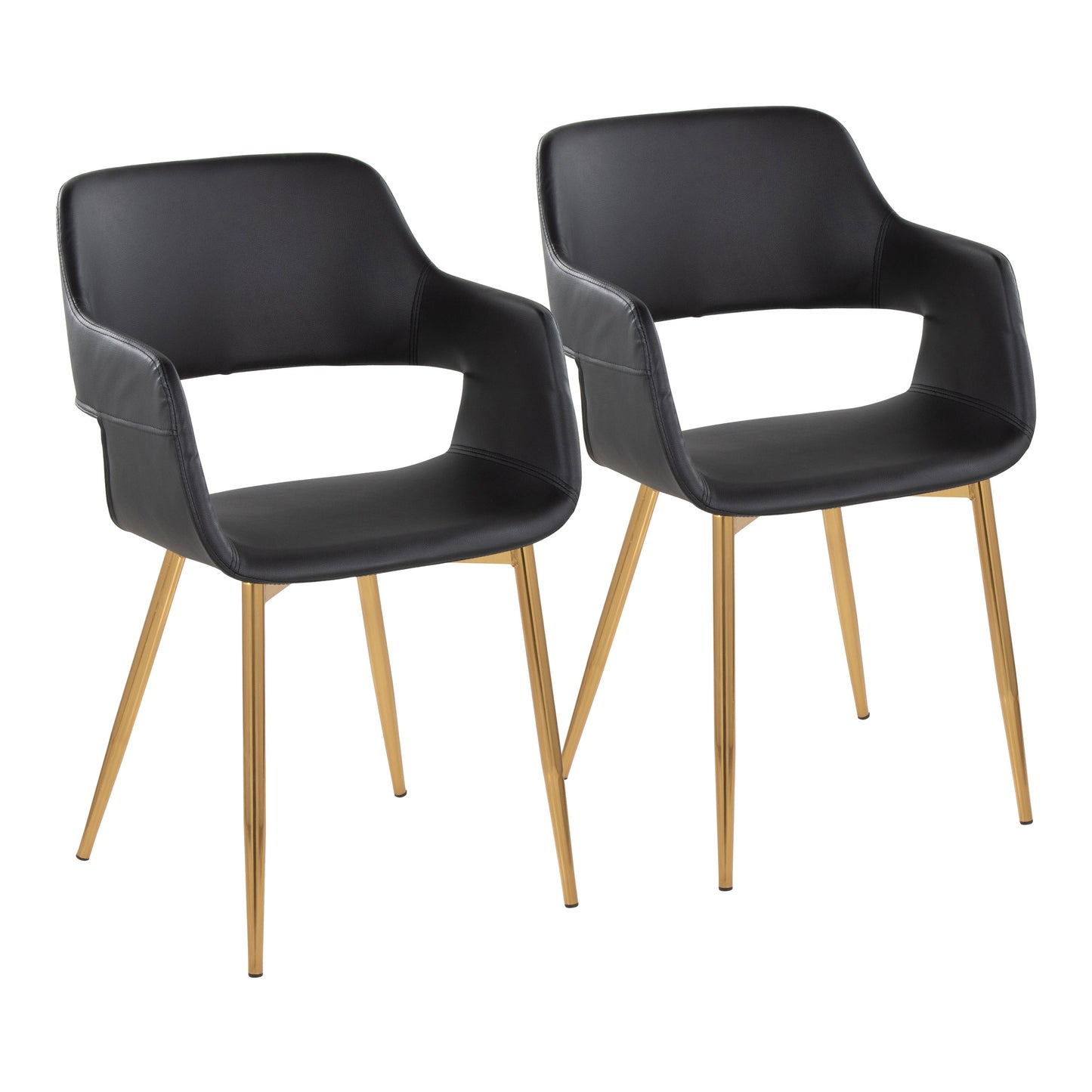 Contemporary Dining/Accent Chair in Gold Metal and Black Faux Leather  - Set of 2