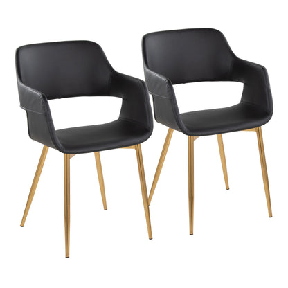 Contemporary Dining/Accent Chair in Gold Metal and Black Faux Leather  - Set of 2
