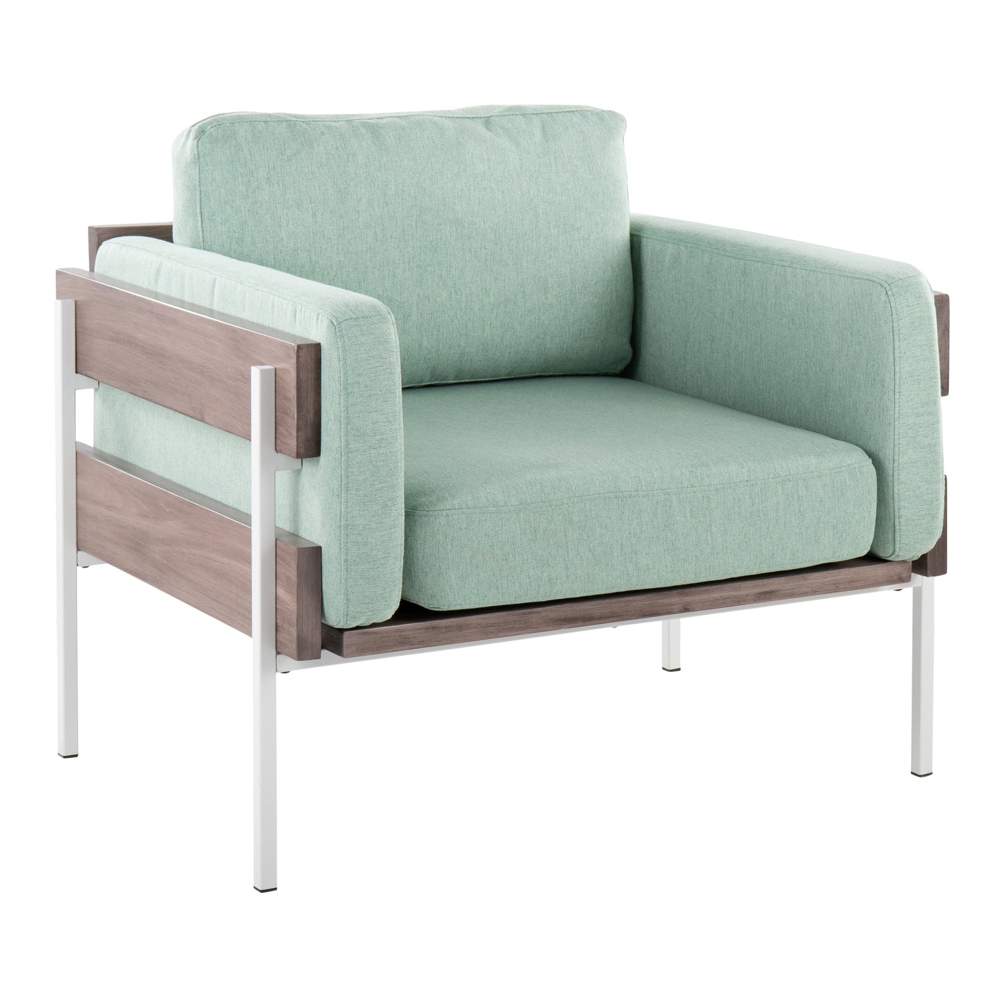 Accent Chair in White Metal, Grey Wood and Light Green Fabric