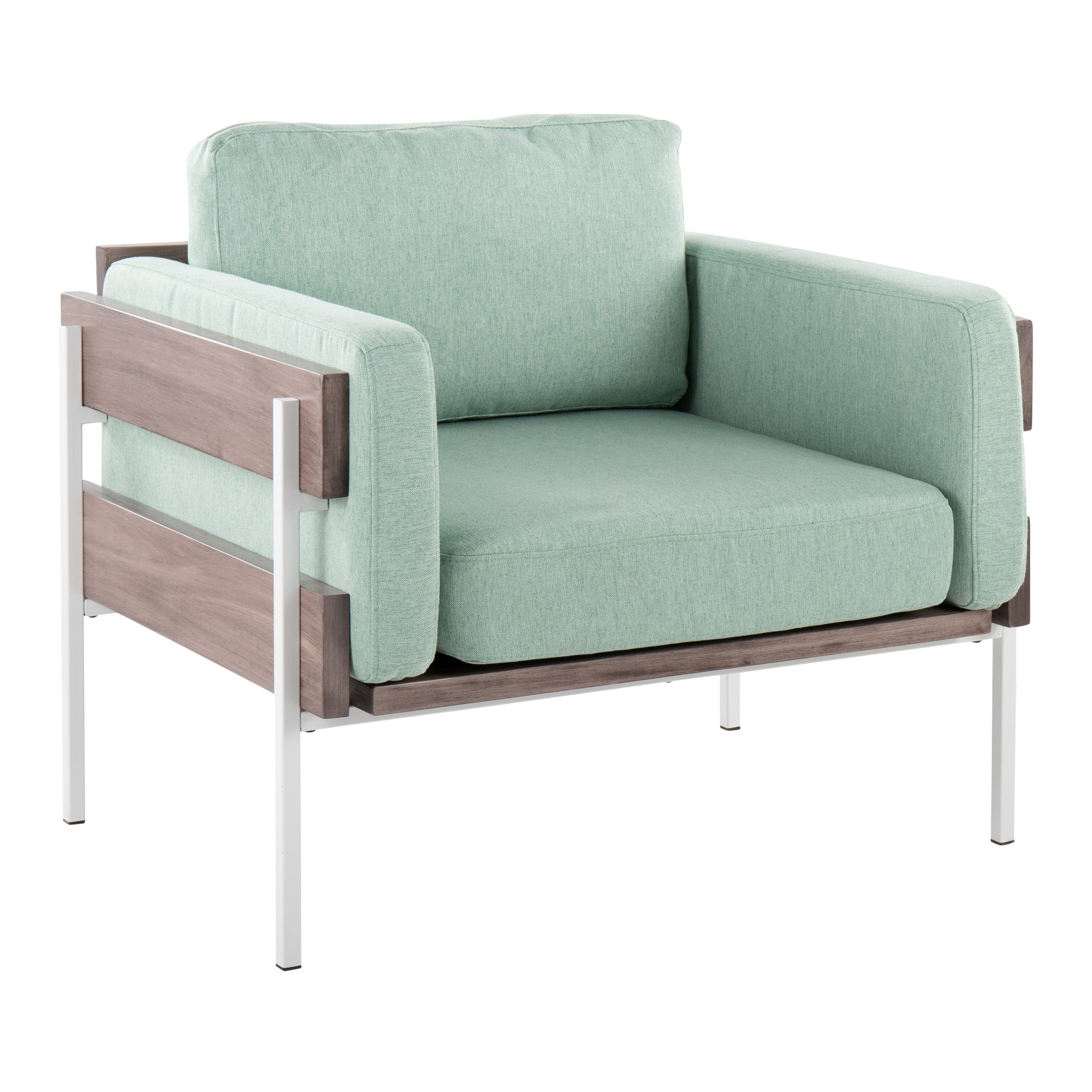 Accent Chair in White Metal, Grey Wood and Light Green Fabric