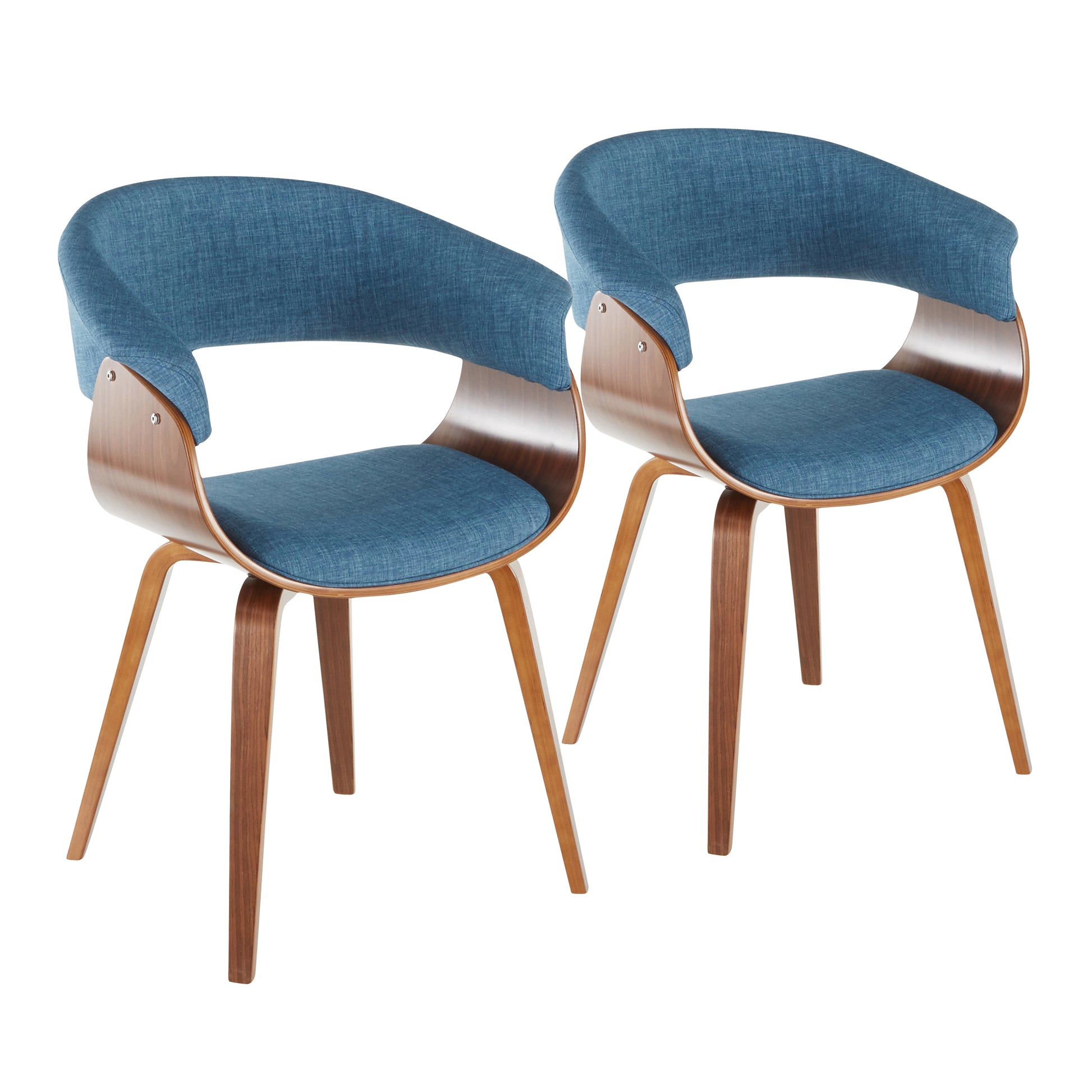 Mid-Century Modern Dining/accent Chair in Walnut Wood and Blue Fabric  - Set of 2