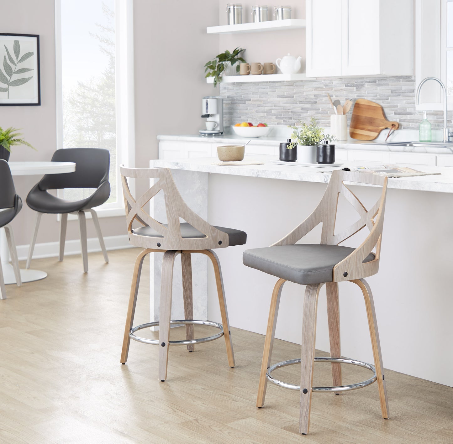 Grey PU Leather Counter Stools - 2 Swivel Stools with Footrest