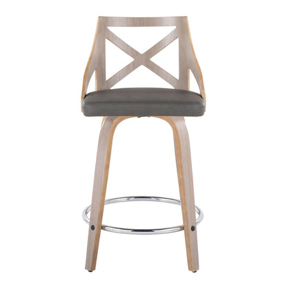 Grey PU Leather Counter Stools - 2 Swivel Stools with Footrest