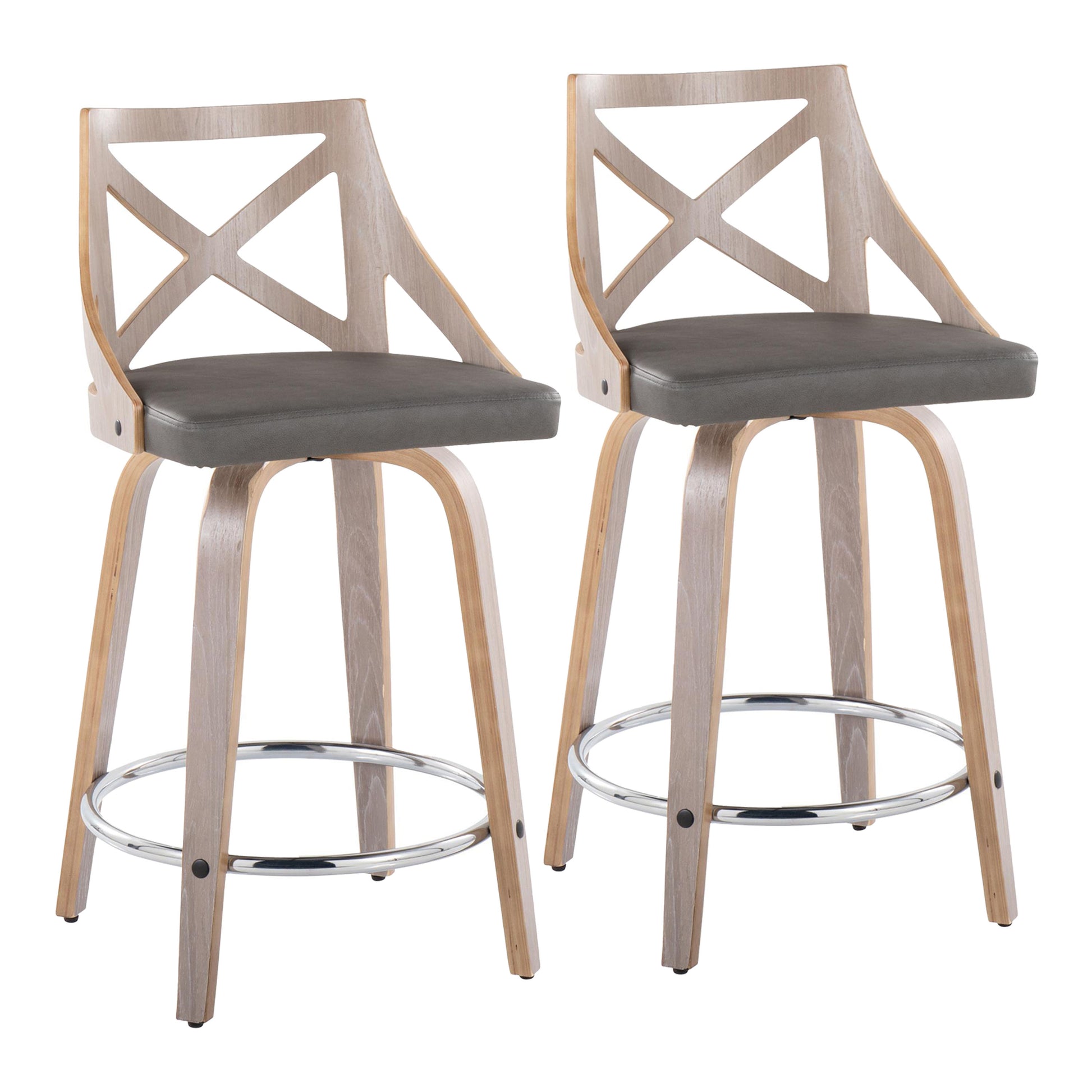 Fixed-Height Counter Stool with Swivel in Light Grey Wood and Grey Faux Leather with Round Chrome Metal Footrest - Set of 2