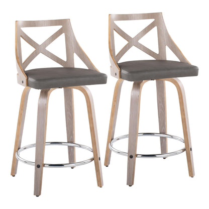 Fixed-Height Counter Stool with Swivel in Light Grey Wood and Grey Faux Leather with Round Chrome Metal Footrest - Set of 2