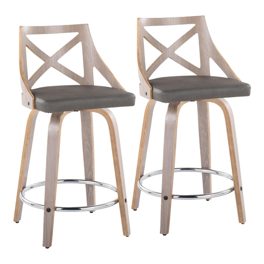 Fixed-Height Counter Stool with Swivel in Light Grey Wood and Grey Faux Leather with Round Chrome Metal Footrest - Set of 2