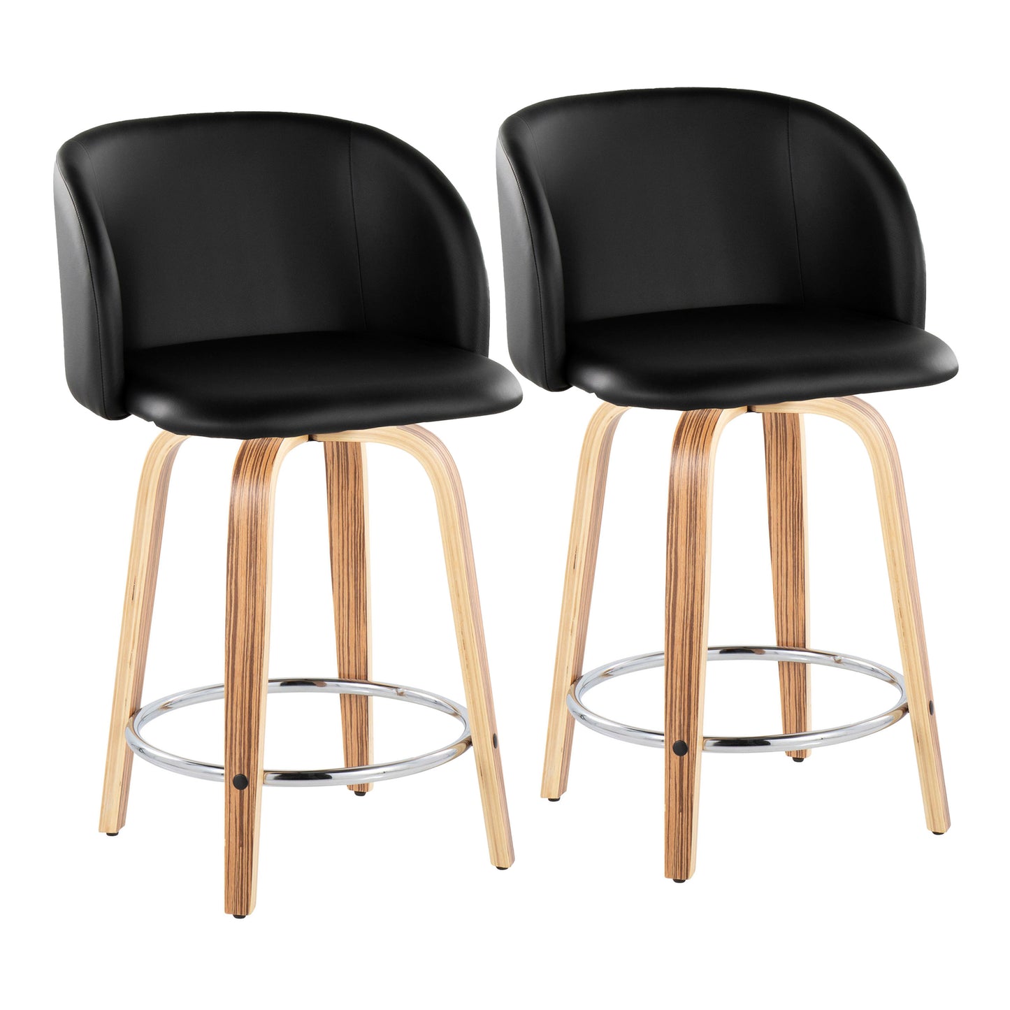 Fixed-Height Counter Stool with Swivel in Zebra Wood and Black Faux Leather with Round Chrome Metal Footrest - Set of 2
