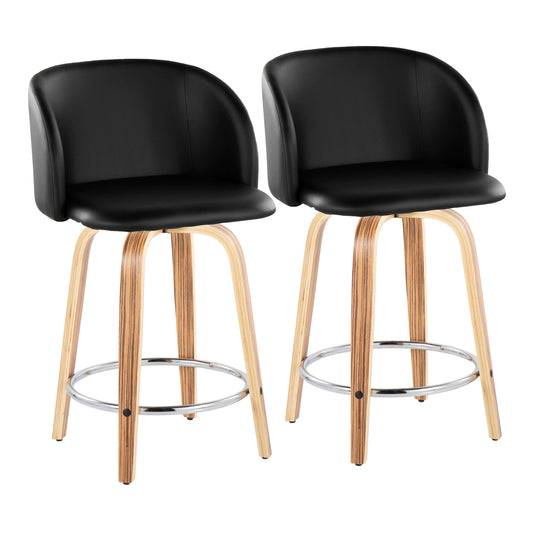 Fixed-Height Counter Stool with Swivel in Zebra Wood and Black Faux Leather with Round Chrome Metal Footrest - Set of 2