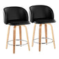 Fixed-Height Counter Stool with Swivel in Zebra Wood and Black Faux Leather with Round Chrome Metal Footrest - Set of 2