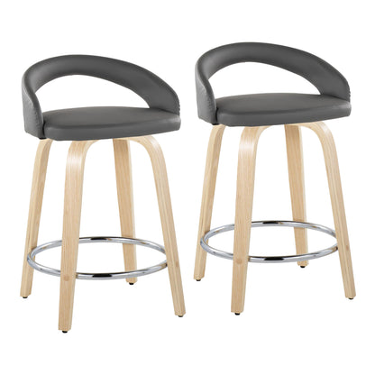 Fixed-Height Counter Stool with Swivel in Natural Wood and Grey Faux Leather with Round Chrome Metal Footrest - Set of 2