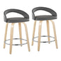 Fixed-Height Counter Stool with Swivel in Natural Wood and Grey Faux Leather with Round Chrome Metal Footrest - Set of 2