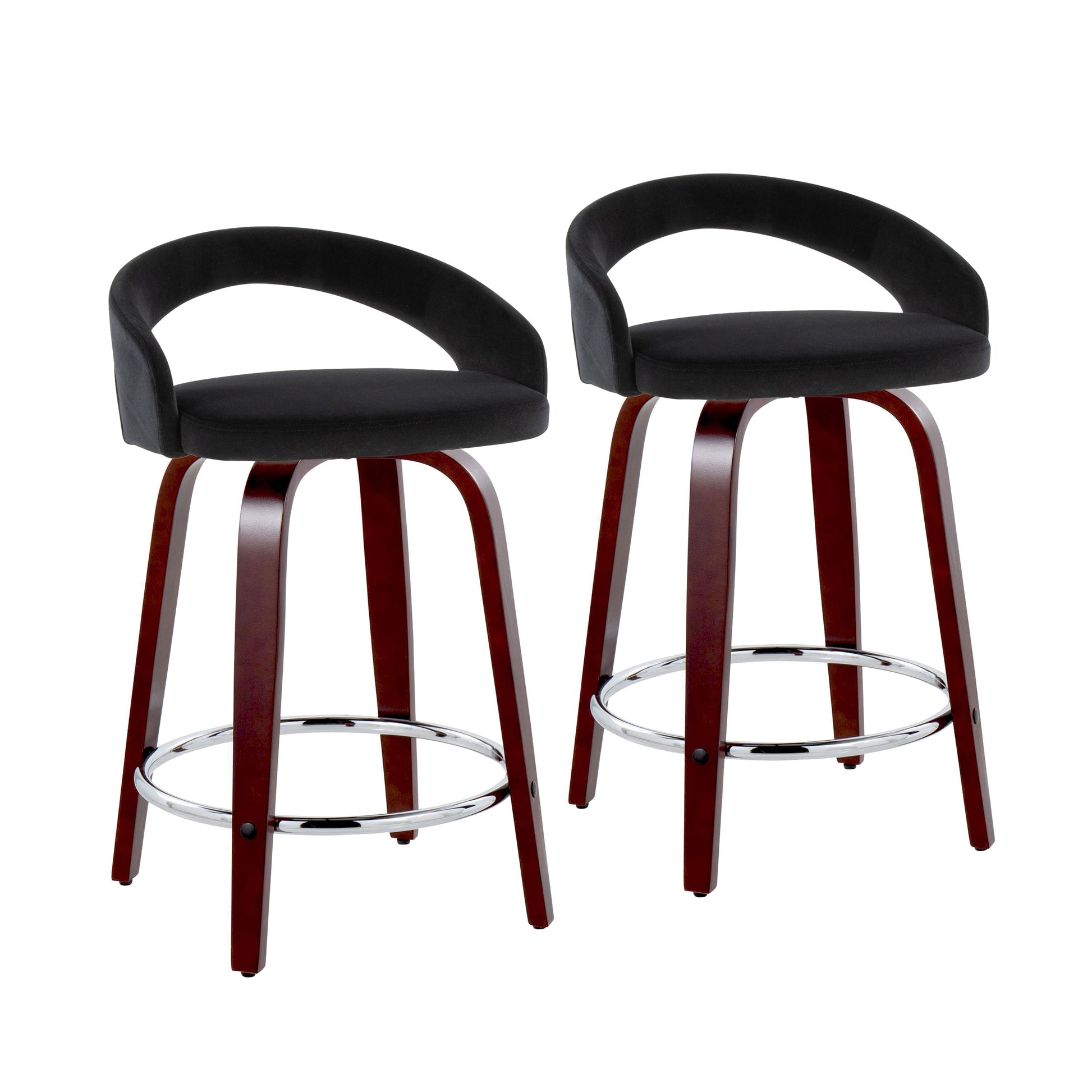 Fixed-Height Counter Stool with Swivel in Mahogany Wood, Chrome Metal Footrest and Black Velvet - Set of 2
