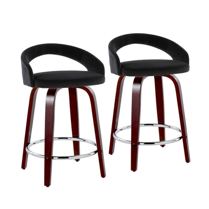 Fixed-Height Counter Stool with Swivel in Mahogany Wood, Chrome Metal Footrest and Black Velvet - Set of 2
