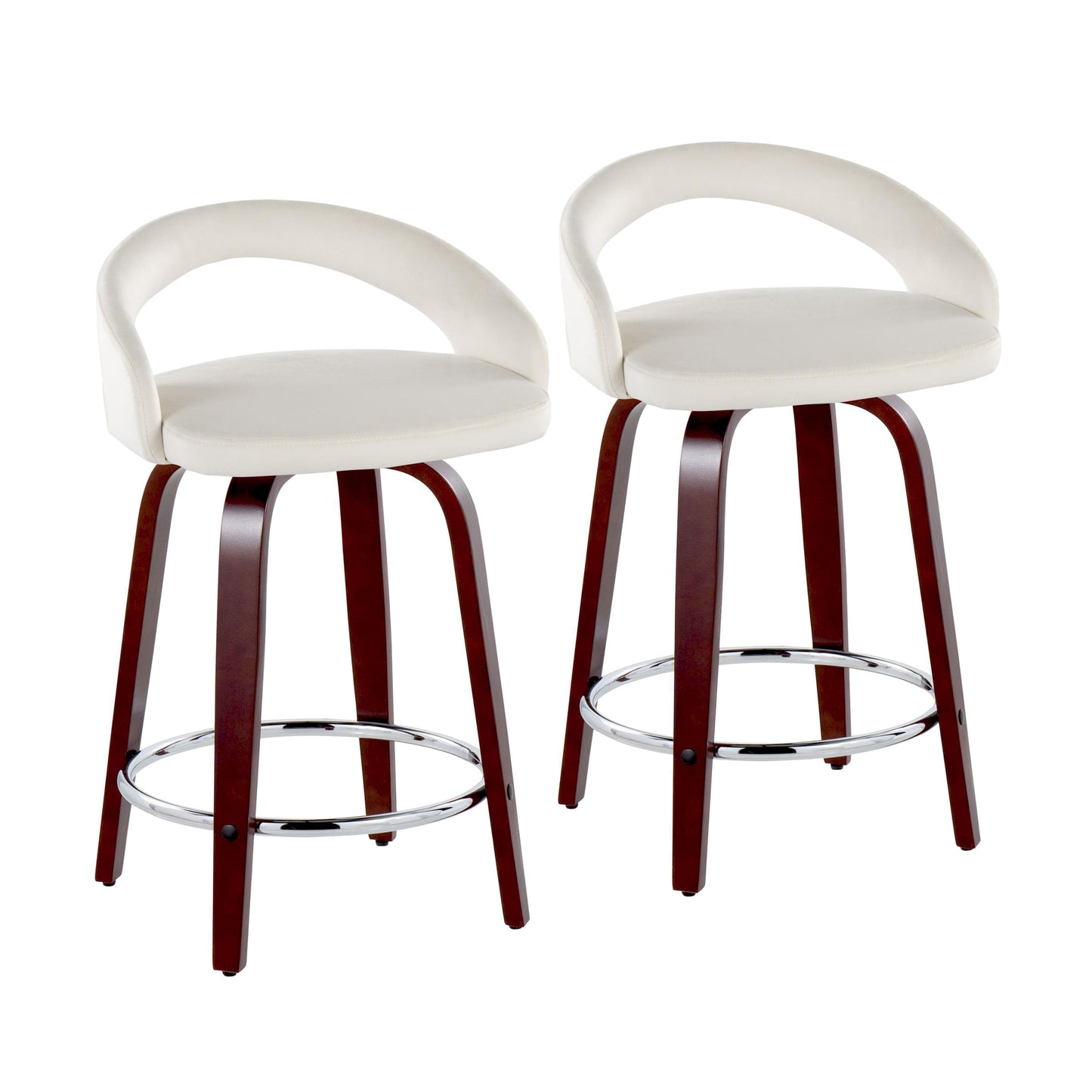 Fixed-Height Counter Stool with Swivel in Mahogany Wood, Chrome Metal Footrest and White Velvet - Set of 2