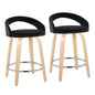 Fixed-Height Counter Stool with Swivel in Natural Wood and Black Velvet with Round Chrome Metal Footrest - Set of 2