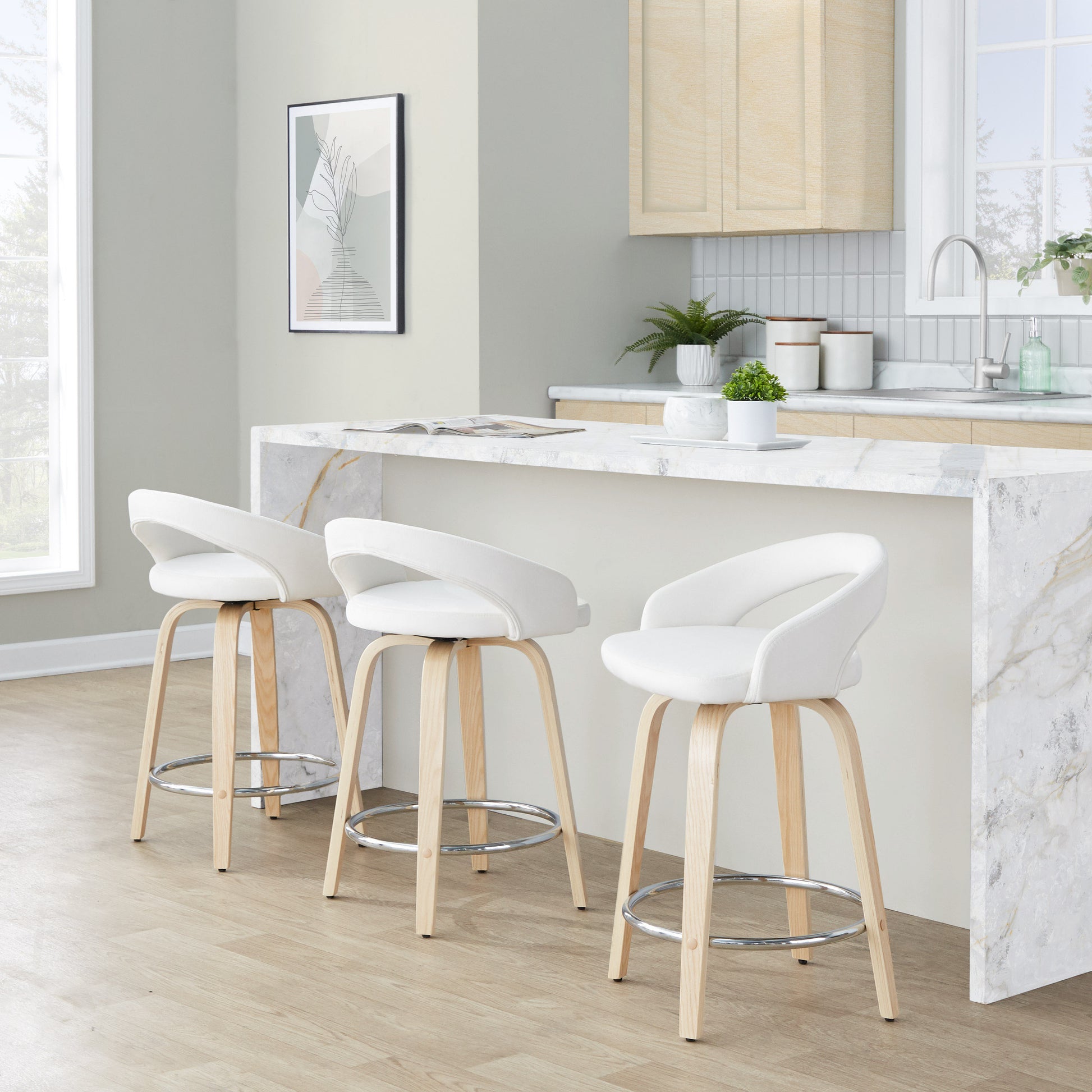White Velvet Swivel Counter Stools Set for Dining Room