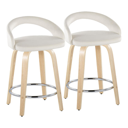 Fixed-Height Counter Stool with Swivel in Natural Wood and White Velvet with Chrome Metal Footrest - Set of 2