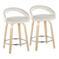 Fixed-Height Counter Stool with Swivel in Natural Wood and White Velvet with Chrome Metal Footrest - Set of 2