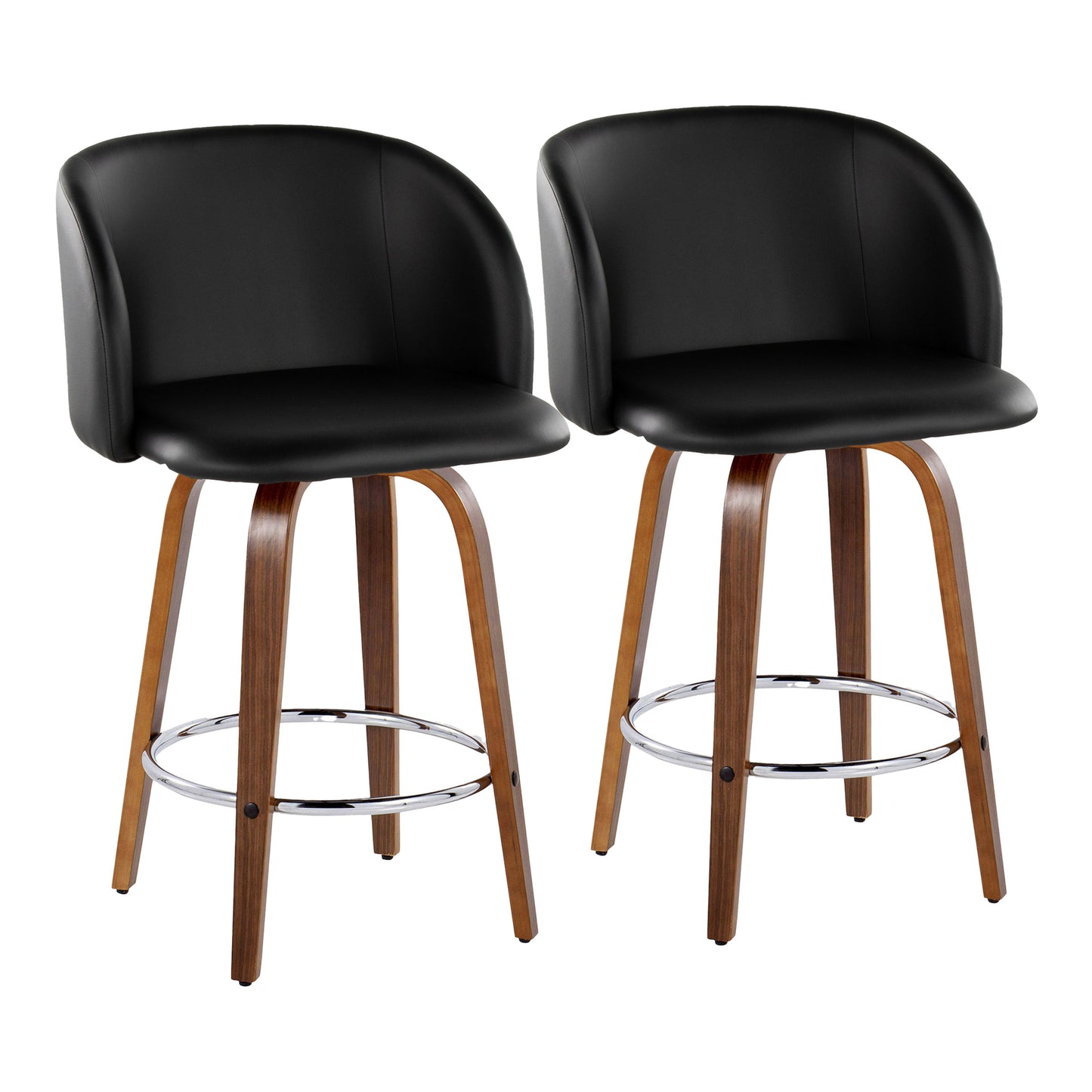 Fixed-Height Counter Stool with Swivel in Walnut Wood and Black Faux Leather with Round Chrome Metal Footrest - Set of 2