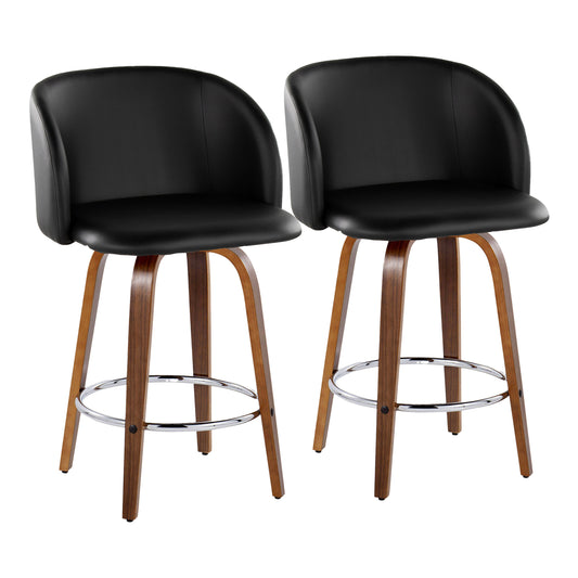 Fixed-Height Counter Stool with Swivel in Walnut Wood and Black Faux Leather with Round Chrome Metal Footrest - Set of 2