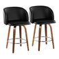 Fixed-Height Counter Stool with Swivel in Walnut Wood and Black Faux Leather with Round Chrome Metal Footrest - Set of 2