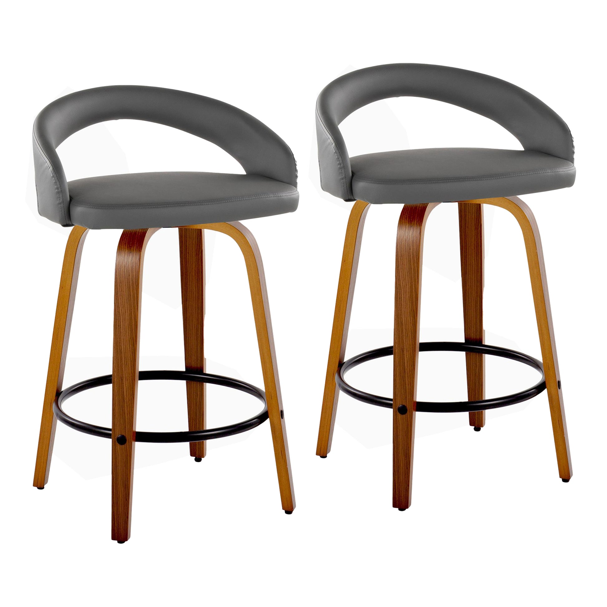 Fixed-Height Counter Stool with Swivel in Walnut Wood and Grey Faux Leather with Round Black Metal Footrest - Set of 2