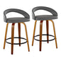 Fixed-Height Counter Stool with Swivel in Walnut Wood and Grey Faux Leather with Round Black Metal Footrest - Set of 2