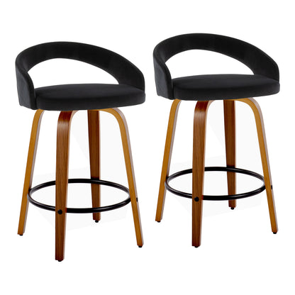 Fixed-Height Counter Stool with Swivel in Walnut Wood and Black Velvet with Round Black Metal Footrest - Set of 2
