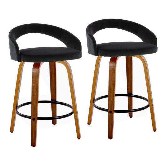 Fixed-Height Counter Stool with Swivel in Walnut Wood and Black Velvet with Round Black Metal Footrest - Set of 2