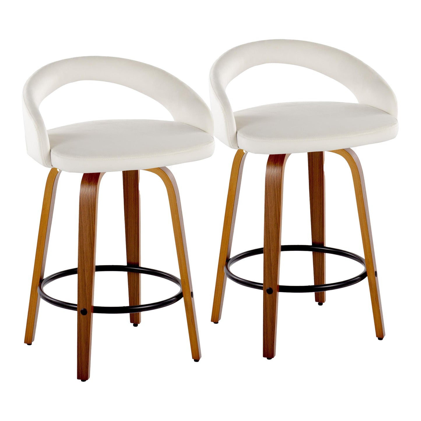 Fixed-Height Counter Stool with Swivel in Walnut Wood and White Velvet with Round Black Metal Footrest - Set of 2