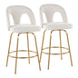 Fixed-Height Counter Stool with Swivel in Gold Metal and Snow White Fabric with Round Gold Metal Footrest - Set of 2