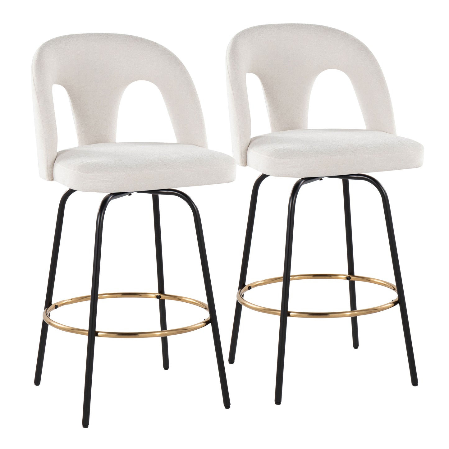 Fixed-Height Counter Stool with Swivel in Black Metal and Snow White Fabric with Round Gold Metal Footrest - Set of 2