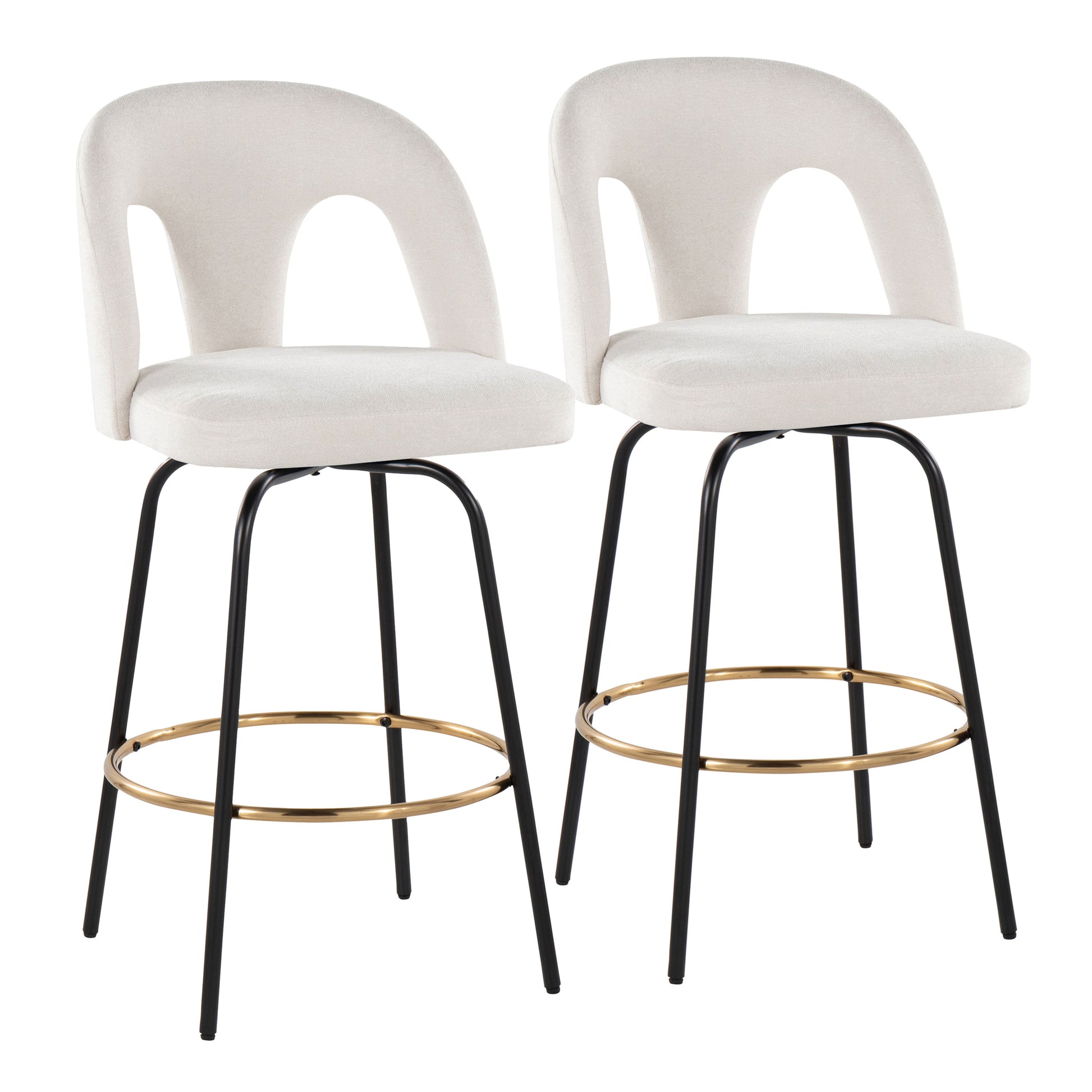 Fixed-Height Counter Stool with Swivel in Black Metal and Snow White Fabric with Round Gold Metal Footrest - Set of 2