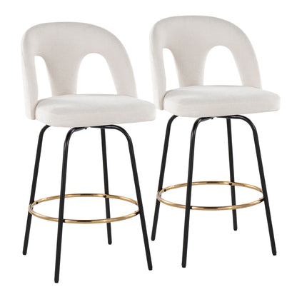 Fixed-Height Counter Stool with Swivel in Black Metal and Snow White Fabric with Round Gold Metal Footrest - Set of 2