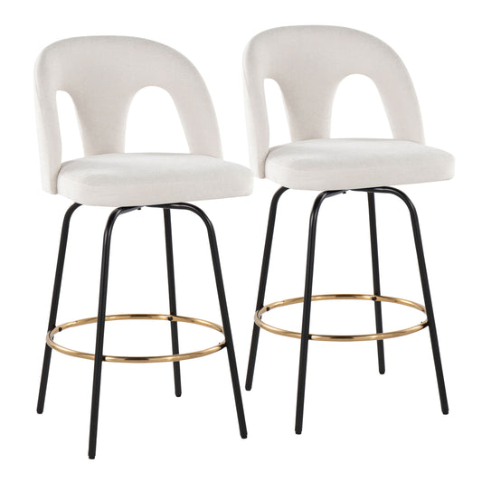 Fixed-Height Counter Stool with Swivel in Black Metal and Snow White Fabric with Round Gold Metal Footrest - Set of 2