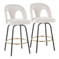 Fixed-Height Counter Stool with Swivel in Black Metal and Snow White Fabric with Round Gold Metal Footrest - Set of 2