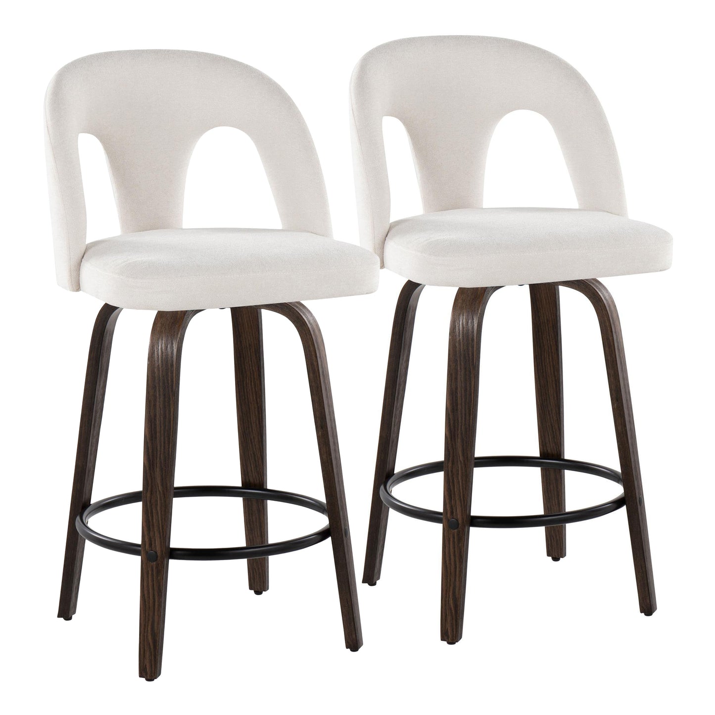 Fixed-Height Counter Stool with Swivel in Walnut Glazed Wood and Snow White Fabric with Rounded Black Metal Footrest - Set of 2