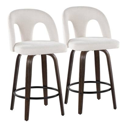 Fixed-Height Counter Stool with Swivel in Walnut Glazed Wood and Snow White Fabric with Rounded Black Metal Footrest - Set of 2