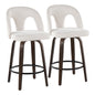 Fixed-Height Counter Stool with Swivel in Walnut Glazed Wood and Snow White Fabric with Rounded Black Metal Footrest - Set of 2