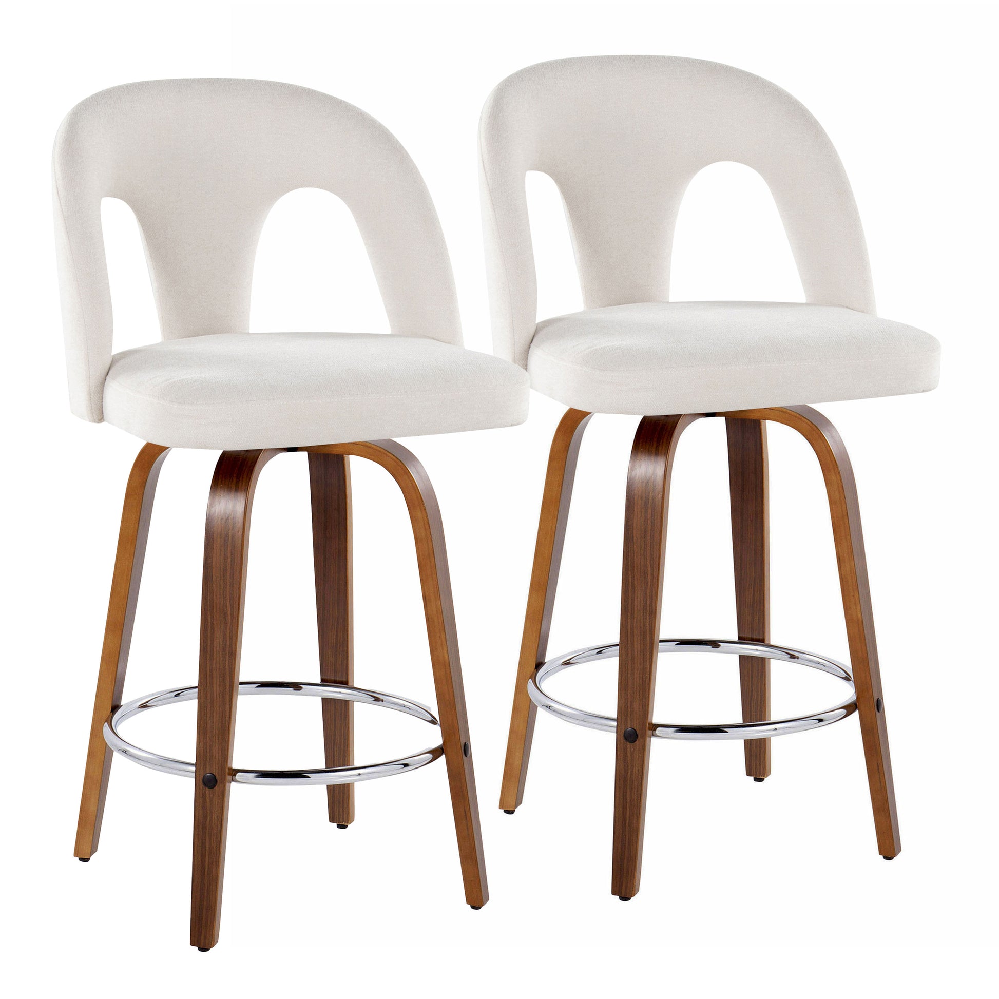 Fixed-Height Counter Stool with Swivel in Walnut Wood and Snow White Fabric with Round Chrome Metal Footrest - Set of 2