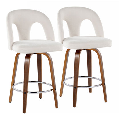 Fixed-Height Counter Stool with Swivel in Walnut Wood and Snow White Fabric with Round Chrome Metal Footrest - Set of 2