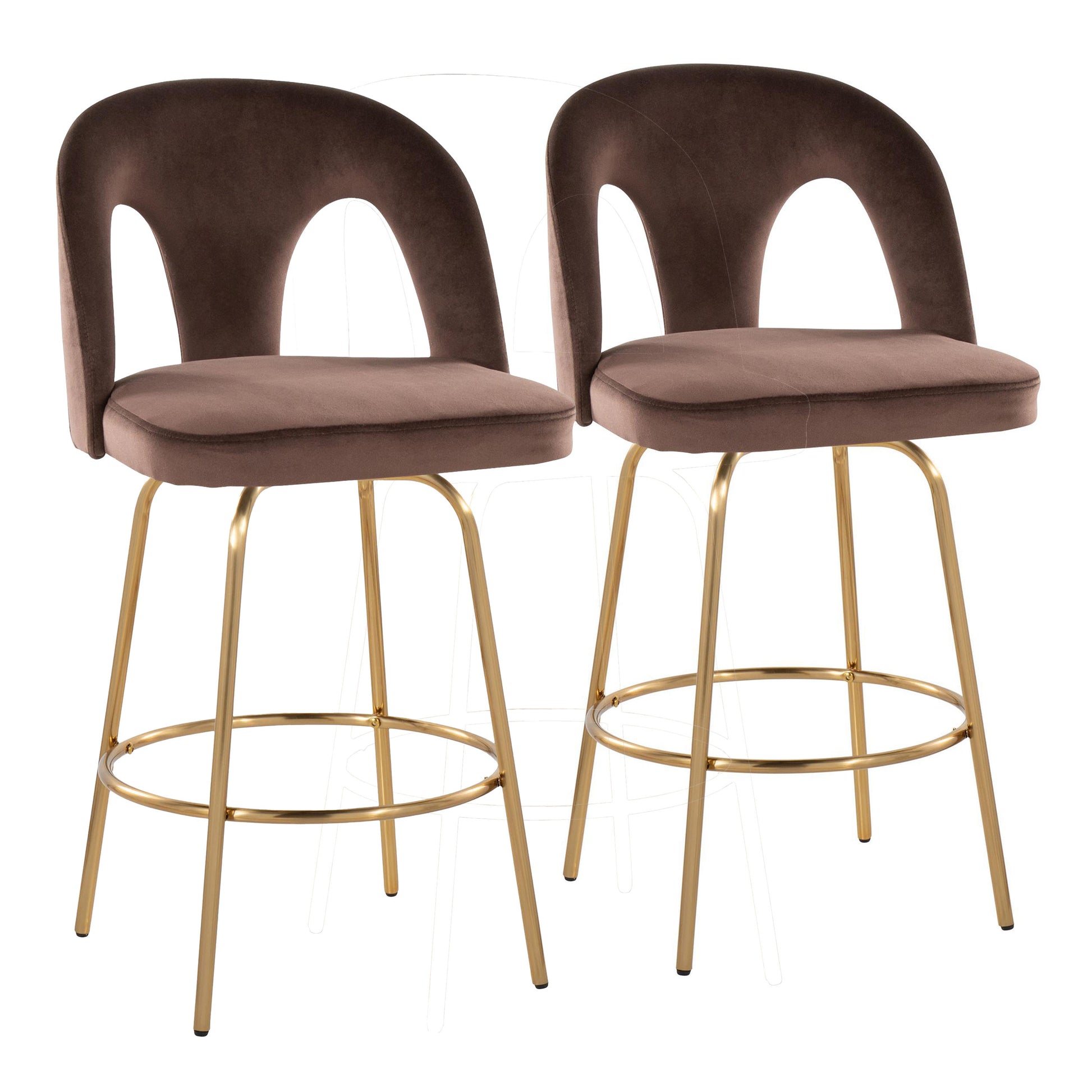 Fixed-Height Counter Stool with Swivel in Gold Metal and Espresso Velvet with Round Gold Metal Footrest - Set of 2