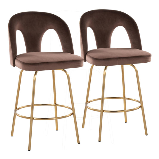 Fixed-Height Counter Stool with Swivel in Gold Metal and Espresso Velvet with Round Gold Metal Footrest - Set of 2