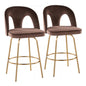 Fixed-Height Counter Stool with Swivel in Gold Metal and Espresso Velvet with Round Gold Metal Footrest - Set of 2