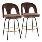 Fixed-Height Counter Stool with Swivel in Black Metal and Espresso Velvet with Round Gold Metal Footrest - Set of 2