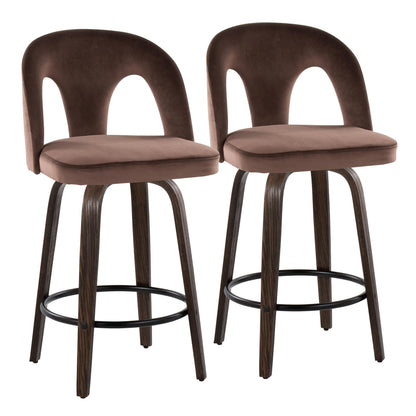 Fixed-Height Counter Stool with Swivel in Walnut Glazed Wood and Espresso Velvet with Round Black Metal Footrest - Set of 2